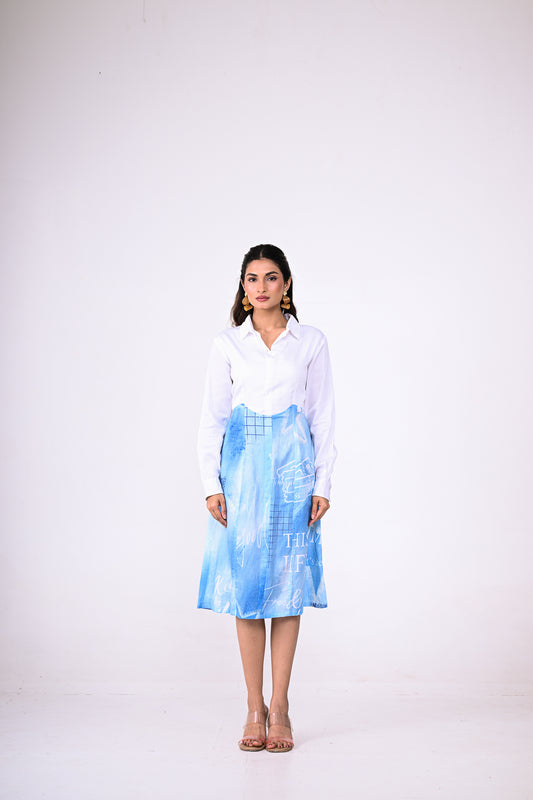 White & Blue Printed Denim Dress