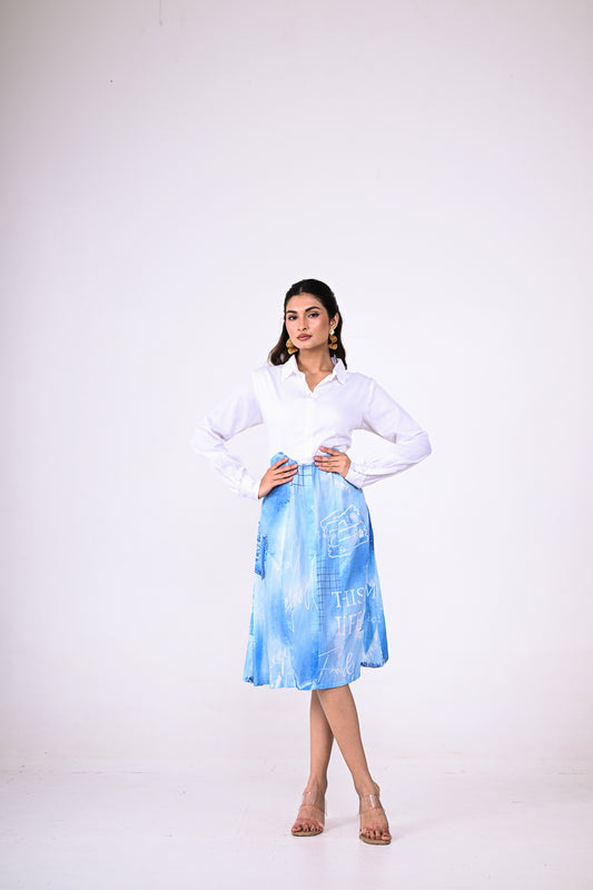 White & Blue Printed Denim Dress