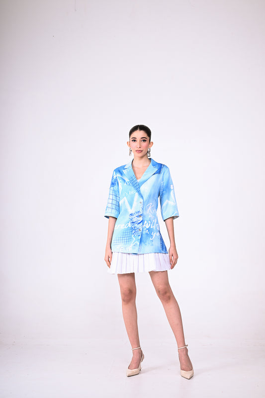 White Pleated Dress with Denim Printed Jacket