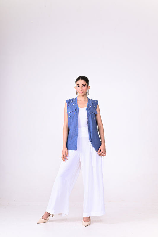 Sleeveless Denim Jacket with Stone Work